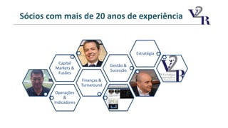 Sócios com mais de 20 anos de experiência
Operações
&
Indicadores
Finanças &
Turnaround
Capital
Markets &
Fusões
Gestão &
Sucessão
Estratégia
 