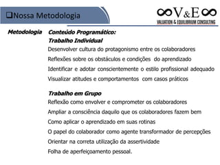 Conteúdo Programático:
Trabalho Individual
Desenvolver cultura do protagonismo entre os colaboradores
Reflexões sobre os obstáculos e condições do aprendizado
Identificar e adotar conscientemente o estilo profissional adequado
Visualizar atitudes e comportamentos com casos práticos
Trabalho em Grupo
Reflexão como envolver e comprometer os colaboradores
Ampliar a consciência daquilo que os colaboradores fazem bem
Como aplicar o aprendizado em suas rotinas
O papel do colaborador como agente transformador de percepções
Orientar na correta utilização da assertividade
Folha de aperfeiçoamento pessoal.
Nossa Metodologia
Metodologia
 