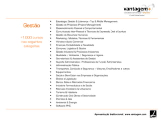 Apresentação Institucional | www.vantagem.com
Gestão
+1.000 cursos
nas seguintes
categorias
 Estratégia, Gestão & Liderança - Top & Midlle Management
 Gestão de Projectos (Project Management)
 Desenvolvimento Pessoal e Comportamental
 Comunicação Inter-Pessoal e Técnicas de Expressão Oral e Escritas
 Gestão de Recursos Humanos
 Marketing - Modelos, Técnicas & Ferramentas
 Vendas e Apoio Comercial
 Finanças, Contabilidade e Fiscalidade
 Compras, Logística & Stocks
 Gestão Industrial & Processos Industriais
 Qualidade / Ambiente / Segurança e Higiene
 Secretariado & Assistentes de Gestão
 Suporte Administrativo - Profissionais da Função Administrativa
 Administração Pública
 Transportes, Condução e Segurança – Viaturas, Empilhadores e outros
 Equipamentos
 Saúde e Bem Estar nas Empresas e Organizações
 Direito e Legislação
 Banca, Bolsa e Mercados Financeiros
 Industria Farmacêutica e de Saúde
 Mercado Imobiliário & Urbanismo
 Turismo & Hotelaria
 Construção Civil, Obras e Electricidade
 Petróleo & Gás
 Ambiente & Energia
 Software PHC
 