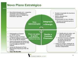 Novo Plano Estratégico

•   Nova Administração com o expertise
    necessário para estabelecer a                                      •    Escala na aquisição de insumos e
    integração entre as inteligências                                       equipamentos
    financeira e agrícolas                                             •    Melhor utilização dos
                                                                            equipamentos
                                                                       •    Diversificação do risco climático
                                                                            • Diluição de despesas gerais e
                                      Nova               Integração           administrativas:

                                  ENERGIA
                                  Administração           e Sinergia
                                  ENERGIA

•   Participação na Tropical                                                     • Gestão ativa do caixa, com
                                    Foco no setor         Gestão e                  plano de melhoria da
    por R$ 60 milhões
•   Fábrica de Óleo Itumbiara
                                       de grãos           Controle                  estrutura de capital
    por R$ 40 milhões (e potencial (Desinvestimento      Financeiro           • Controle financeiro integrado
    earn-out de R$ 20 milhões)     de ativos non core)                           ao campo, permitindo a
                                                                                 tomada de decisão de
•   Usina de Biodiesel de Rosário do
                                                                                 maneira ágil
    Sul e esmagadora de soja de São
    Luiz Gonzaga por R$ 55,5                                               • Política de Hedge: instalação de
    milhões                                                                  comitê interno de tesouraria com
                                                                             membro independente
•   Usinas de Biodiesel de Porto
    Nacional de Iraquara por R$ 100
    milhões
•   Total: R$ 255,8 Mn

                                                                                                          5
 