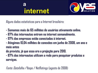 a     internet Alguns dados estatísticos para a Internet brasileira: - Somamos mais de 65 milhões de usuários ativamente online. - 87% dos internautas entram na internet semanalmente. - 97% das empresas estão conectadas à internet. - Atingimos 10,04 milhões de conexões em junho de 2008, um ano e meio antes do previsto, já que essa era a projeção para 2010. - 87% dos internautas utilizam a rede para pesquisar produtos e serviços. Fonte: Datafolha /  Ibope / NetRatings (agosto de 2008) 