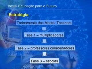 Intel® Educação para o Futuro Estratégia Fase 1 – multiplicadores Fase 2 – professores coordenadores Fase 3 – escolas Treinamento dos Master Teachers 