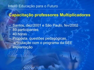 Intel® Educação para o Futuro Santos, dez/2001 e São Paulo, fev/2002 89 participantes 40 horas Proposta, questões pedagógicas,  articulação com o programa da SEE -  Implantação Capacitação professores Multiplicadores 