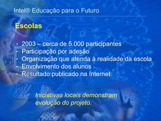 Intel® Educação para o Futuro 2003 – cerca de 5.000 participantes Participação por adesão  Organização que atenda à realidade da escola Envolvimento dos alunos Resultado publicado na Internet Escolas Iniciativas locais demonstram evolução do projeto. 
