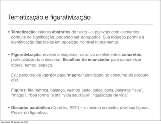 Tematização e ﬁgurativização

       • Tematização: valores abstratos do texto --> palavras com elementos
         comuns de signiﬁcação, podendo ser agrupados. Sua redução permite a
         identiﬁcação das ideias em oposição no nível fundamental.


       • Figurativização: reveste o esquema narrativo de elementos concretos,
         particularizando o discurso. Escolhas do enunciador para caracterizar
         atores, tempo, espaço.

           Ex.: percurso de /gordo/ para /magro/ tematizado no consumo do produto
           diet.

           Figuras: ﬁta métrica, balança, vestido justo, calça jeans, palavras “leve”,
           “magra”, “boa forma” e até “vida saudável”, “qualidade de vida”.


       • Discurso parabólico (Courtés, 1991) --> mesmo conceito, diversas ﬁguras.
         Prazer do ﬁgurativo.

terça-feira, 18 de maio de 2010
 