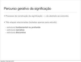 Percurso gerativo da signiﬁcação

       • Processo de construção da signiﬁcação --> do abstrato ao concreto.


       • Três etapas relacionadas (isoladas apenas para estudo):

           - estrutura fundamental ou profunda
           - estrutura narrativa
           - estrutura discursiva




terça-feira, 18 de maio de 2010
 
