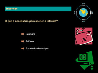 Internet 
O que é necessário para aceder à Internet? 
Hardware 
Software 
Fornecedor de serviços 
 