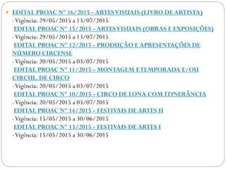  EDITAL PROAC Nº 16/2015 - ARTESVISUAIS (LIVRO DE ARTISTA)
-Vigência: 29/05/2015 a 13/07/2015
EDITAL PROAC Nº 15/2015 - ARTESVISUAIS (OBRAS E EXPOSIÇÕES)
-Vigência: 29/05/2015 a 13/07/2015
EDITAL PROAC Nº 12/2015 - PRODUÇÃO E APRESENTAÇÕES DE
NÚMERO CIRCENSE
-Vigência: 20/05/2015 a 03/07/2015
EDITAL PROAC Nº 11/2015 - MONTAGEM ETEMPORADA E/OU
CIRCUL. DE CIRCO
-Vigência: 20/05/2015 a 03/07/2015
EDITAL PROAC Nº 10/2015 - CIRCO DE LONA COM ITINERÂNCIA
-Vigência: 20/05/2015 a 03/07/2015
EDITAL PROAC Nº 14/2015 - FESTIVAIS DE ARTES II
-Vigência: 15/05/2015 a 30/06/2015
EDITAL PROAC Nº 13/2015 - FESTIVAIS DE ARTES I
-Vigência: 15/05/2015 a 30/06/2015
 