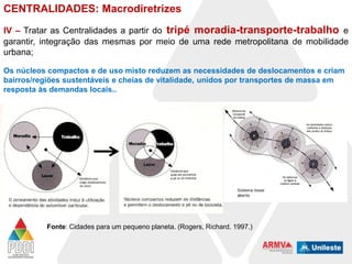 CENTRALIDADES: Macrodiretrizes
IV – Tratar as Centralidades a partir do tripé moradia-transporte-trabalho e
garantir, integração das mesmas por meio de uma rede metropolitana de mobilidade
urbana;
Os núcleos compactos e de uso misto reduzem as necessidades de deslocamentos e criam
bairros/regiões sustentáveis e cheias de vitalidade, unidos por transportes de massa em
resposta às demandas locais..

Fonte: Cidades para um pequeno planeta. (Rogers, Richard. 1997.)

 