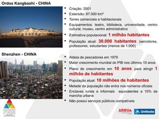 Ordos Kangbashi - CHINA

•
•
•
•
•
•

Shenzhen - CHINA

•
•
•

Criação: 2001
Extensão: 87.000 km²
Torres comerciais e habitacionais
Equipamentos: teatro, biblioteca, universidade, centro
cultural, museu, centro administrativo
Estimativa populacional: 1

milhão habitantes
30.000 habitantes (servidores,

População atual:
professores, estudantes (menos de 1.000)
Aldeia de pescadores em 1979

Maior crescimento mundial do PIB nos últimos 10 anos
Plano de crescimento em

10 anos

para atingir

1

milhão de habitantes
• População atual: 10 milhões de habitantes

•
•

Metade da população não entra nos números oficiais

•

Não possui serviços públicos compatíveis

Enclaves rurais e informais
mancha urbana

equivalentes a 10% da

 