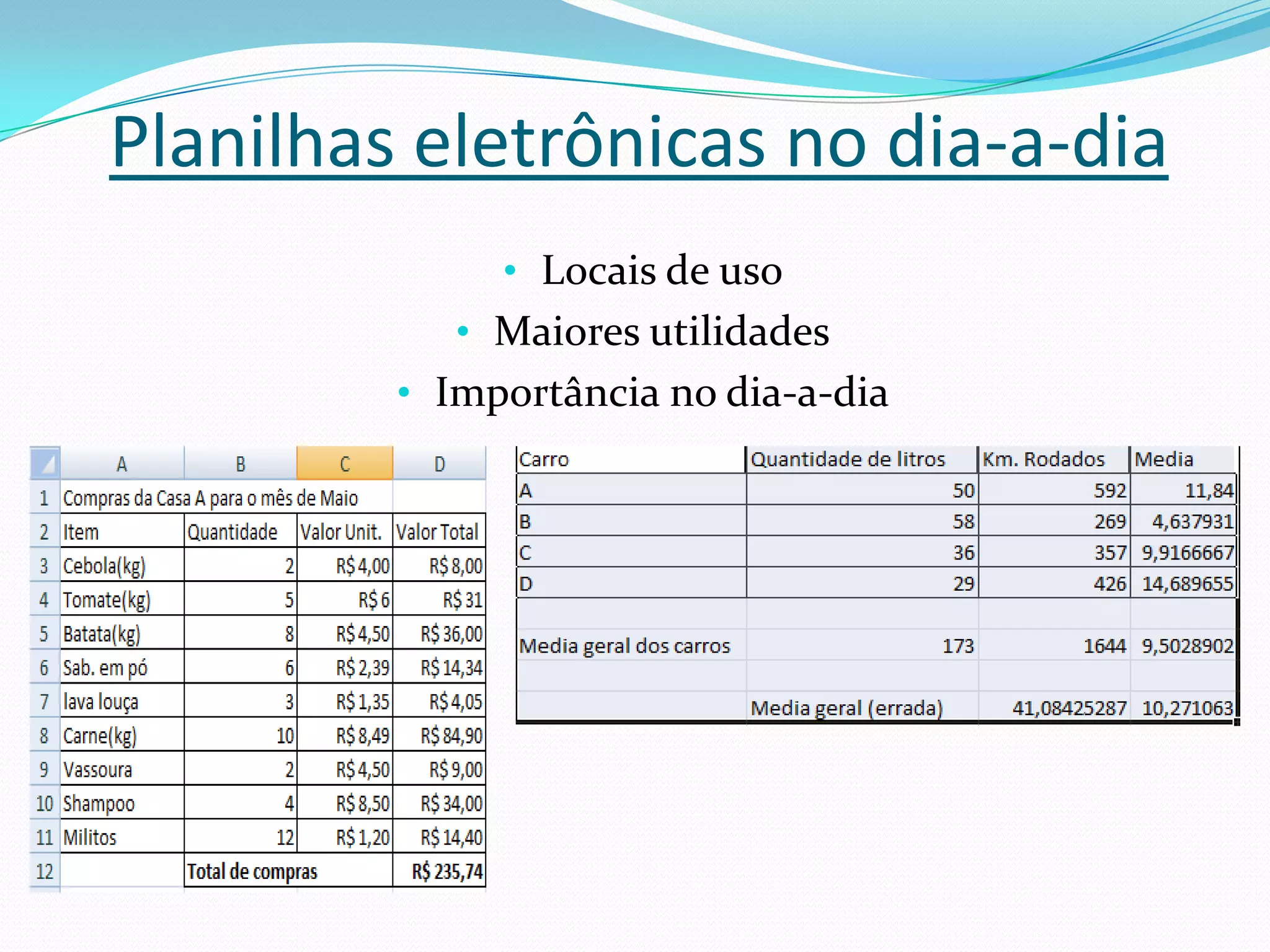 Planilhas eletrônicas no dia-a-dia
              • Locais de uso
            • Maiores utilidades
         • Importância no dia-a-dia
 