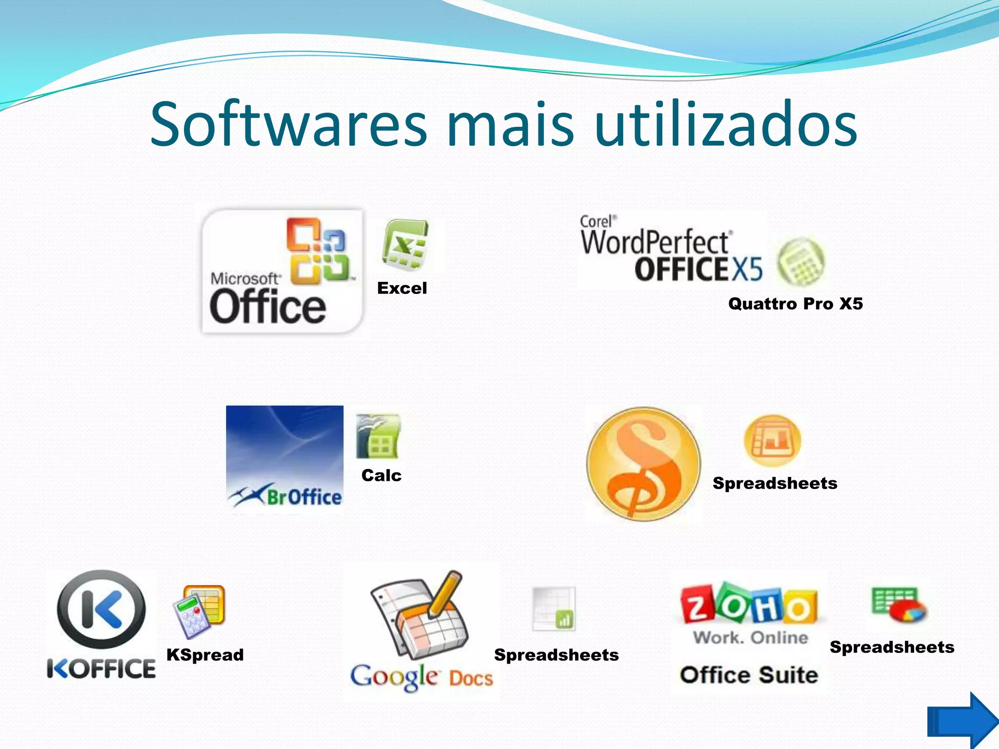 Softwares mais utilizados

           Excel
                                   Quattro Pro X5




          Calc                    Spreadsheets




KSpread            Spreadsheets              Spreadsheets
 