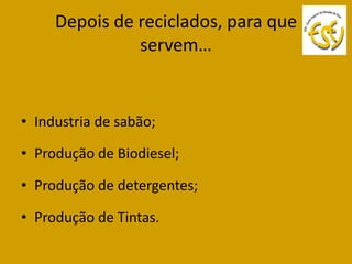 Depois de reciclados, para que
               servem…


• Industria de sabão;

• Produção de Biodiesel;

• Produção de detergentes;

• Produção de Tintas.
 