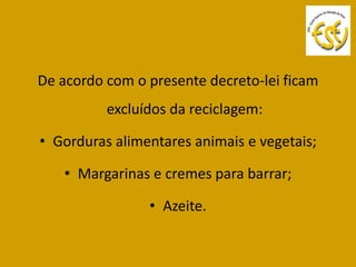 De acordo com o presente decreto-lei ficam
          excluídos da reciclagem:

• Gorduras alimentares animais e vegetais;

    • Margarinas e cremes para barrar;

                • Azeite.
 