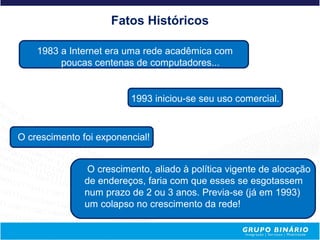 Fatos Históricos

    1983 a Internet era uma rede acadêmica com
         poucas centenas de computadores...


                         1993 iniciou-se seu uso comercial.


O crescimento foi exponencial!


               O crescimento, aliado à política vigente de alocação
               de endereços, faria com que esses se esgotassem
               num prazo de 2 ou 3 anos. Previa-se (já em 1993)
               um colapso no crescimento da rede!
 