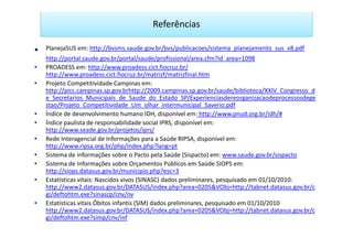 Referências

•   PlanejaSUS em: http://bvsms.saude.gov.br/bvs/publicacoes/sistema_planejamento_sus_v8.pdf
    http://portal.saude.gov.br/portal/saude/profissional/area.cfm?id_area=1098
•   PROADESS em: http://www.proadess.cict.fiocruz.br/
    http://www.proadess.cict.fiocruz.br/matrizf/matrizfinal.htm
•   Projeto Competitividade Campinas em:
    http://picc.campinas.sp.gov.brhttp://2009.campinas.sp.gov.br/saude/biblioteca/XXIV_Congresso_d
    e_Secretarios_Municipais_de_Saude_do_Estado_SP/Experienciasdereorganizacaodeprocessosdege
    stao/Projeto_Competitividade_Um_olhar_intermunicipal_Saverio.pdf
•   Índice de desenvolvimento humano IDH, disponível em: http://www.pnud.org.br/idh/#
•   Índice paulista de responsabilidade social IPRS, disponível em:
    http://www.seade.gov.br/projetos/iprs/
•   Rede Interagencial de Informações para a Saúde RIPSA, disponível em:
    http://www.ripsa.org.br/php/index.php?lang=pt
•   Sistema de informações sobre o Pacto pela Saúde (Sispacto) em: www.saude.gov.br/sispacto
•   Sistema de Informações sobre Orçamentos Públicos em Saúde SIOPS em:
    http://siops.datasus.gov.br/municipio.php?esc=3
•   Estatísticas vitais: Nascidos vivos (SINASC) dados preliminares, pesquisado em 01/10/2010:
    http://www2.datasus.gov.br/DATASUS/index.php?area=0205&VObj=http://tabnet.datasus.gov.br/c
    gi/deftohtm.exe?sinascp/cnv/nv
•   Estatísticas vitais Óbitos infantis (SIM) dados preliminares, pesquisado em 01/10/2010
    http://www2.datasus.gov.br/DATASUS/index.php?area=0205&VObj=http://tabnet.datasus.gov.br/c
    gi/deftohtm.exe?simp/cnv/inf
 