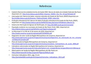 Referências

•   Cadastro Nacional de estabelecimentos de Saúde CNES: Bancos de dados da Unidade Federada São Paulo
    disponíveis em: http://cnes.datasus.gov.br/Mod_Arquivos_TabWin_Arq_Por_UF.asp?VEstado=SP
•   Internações SUS: Bancos de dados: arquivos reduzidos do Estado de São Paulo, (RDSP) disponíveis em
    ftp://msbbs.datasus.gov.br/Arquivos_Publicos/Estado_SP/00_index.htm
•   Produção ambulatorial SUS: Bancos de dados Produção ambulatorial do Estado de São Paulo, (PASP),
    disponíveis em http://www2.datasus.gov.br/DATASUS/index.php?area=0701&item=1&acao=22
•   Sistema de Informação de Agravos de Notificação, em http://dtr2004.saude.gov.br/sinanweb/
•   População residente nos municípios do Estado de São Paulo, Fonte: IBGE, disponível em
    http://tabnet.datasus.gov.br/cgi/deftohtm.exe?ibge/cnv/popsp.def
•   Lei Municipal nº 13.781 de 12 de Janeiro de 2010, disponível em
    http://www.campinas.sp.gov.br/uploads/pdf/729100395.pdf
•   Diagnóstico do setor saúde da Região Metropolitana de Campinas, disponível em
    http://www.agemcamp.sp.gov.br/images/stories/arquivos/diagnostico_do_setorsaude_da_rmc_unicamp
    -vs14dejunho-projeto.pdf
•   Plano de Saúde da Região Metropolitana de Campinas, disponível em
    http://www.agemcamp.sp.gov.br/images/stories/arquivos/plano_metropolitano_de_saude_2008.pdf
•   Indicadores selecionados da Região Metropolitana de Campinas, disponível em
    http://www.agemcamp.sp.gov.br/index.php?option=com_wrapper&view=wrapper&Itemid=41&lang=pt
•   Observatório de Saúde da Região Metropolitana de São Paulo em
    http://observasaude.fundap.sp.gov.br/Paginas/Default.aspx
•   Instrutivo Indicadores 2011, pág. 21 em
    http://portalweb04.saude.gov.br/sispacto/Instrutivo_Indicadores_2011.pdf
 