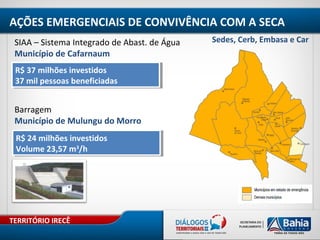 TERRITÓRIO IRECÊ
SIAA – Sistema Integrado de Abast. de Água
Município de Cafarnaum
Barragem
Município de Mulungu do Morro
R$ 37 milhões investidos
37 mil pessoas beneficiadas
R$ 37 milhões investidos
37 mil pessoas beneficiadas
R$ 24 milhões investidos
Volume 23,57 m3
/h
R$ 24 milhões investidos
Volume 23,57 m3
/h
Sedes, Cerb, Embasa e Car
AÇÕES EMERGENCIAIS DE CONVIVÊNCIA COM A SECA
 