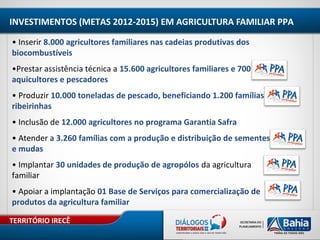 TERRITÓRIO IRECÊ
INVESTIMENTOS (METAS 2012-2015) EM AGRICULTURA FAMILIAR PPA
• Inserir 8.000 agricultores familiares nas cadeias produtivas dos
biocombustíveis
•Prestar assistência técnica a 15.600 agricultores familiares e 700
aquicultores e pescadores
• Produzir 10.000 toneladas de pescado, beneficiando 1.200 famílias
ribeirinhas
• Inclusão de 12.000 agricultores no programa Garantia Safra
• Atender a 3.260 famílias com a produção e distribuição de sementes
e mudas
• Implantar 30 unidades de produção de agropólos da agricultura
familiar
• Apoiar a implantação 01 Base de Serviços para comercialização de
produtos da agricultura familiar
 