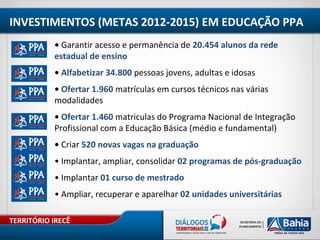 TERRITÓRIO IRECÊ
INVESTIMENTOS (METAS 2012-2015) EM EDUCAÇÃO PPA
• Garantir acesso e permanência de 20.454 alunos da rede
estadual de ensino
• Alfabetizar 34.800 pessoas jovens, adultas e idosas
• Ofertar 1.960 matrículas em cursos técnicos nas várias
modalidades
• Ofertar 1.460 matriculas do Programa Nacional de Integração
Profissional com a Educação Básica (médio e fundamental)
• Criar 520 novas vagas na graduação
• Implantar, ampliar, consolidar 02 programas de pós-graduação
• Implantar 01 curso de mestrado
• Ampliar, recuperar e aparelhar 02 unidades universitárias
 