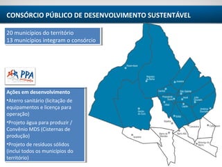 TERRITÓRIO IRECÊ
CONSÓRCIO PÚBLICO DE DESENVOLVIMENTO SUSTENTÁVEL
20 municípios do território
13 municípios integram o consórcio
20 municípios do território
13 municípios integram o consórcio
Ações em desenvolvimento
•Aterro sanitário (licitação de
equipamentos e licença para
operação)
•Projeto água para produzir /
Convênio MDS (Cisternas de
produção)
•Projeto de resíduos sólidos
(inclui todos os municípios do
território)
Ações em desenvolvimento
•Aterro sanitário (licitação de
equipamentos e licença para
operação)
•Projeto água para produzir /
Convênio MDS (Cisternas de
produção)
•Projeto de resíduos sólidos
(inclui todos os municípios do
território)
 