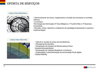 OFERTA DE SERVIÇOS
11
CONSULTORIA EMPRESARIAL
CONSULTORIA TRIBUTÁRIA
• Gerenciamento de riscos, mapeamento e revisão de processos e controles
internos.
• Linha Azul.
•Tecnologia da Informação (IT Due Dilligence, IT Audit & Risk e IT Business
Consulting).
• Revisão, crítica, desenho e redesenho de estratégia empresarial e suporte à
implementação.
• Cálculo e revisão do preço de transferência.
• Planejamento tributário.
• Declaração de Imposto de Renda pessoa física
(brasileiros/expatriados).
• Declaração de Capitais Brasileiros no Exterior.
• Implantação e parametrização da escrituração fiscal digital.
•Global Mobility.
 