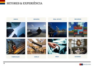 SETORES & EXPERIÊNCIA
12
BANCO SEGUROS REAL ESTATE RECURSOS
FABRICAÇÃO VAREJO MÍDIA GOVERNO
 