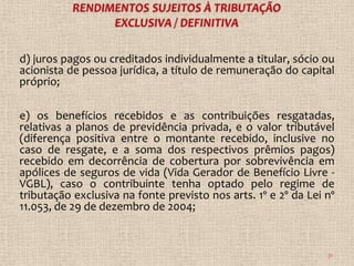 d) juros pagos ou creditados individualmente a titular, sócio ou
acionista de pessoa jurídica, a título de remuneração do capital
próprio;

e) os benefícios recebidos e as contribuições resgatadas,
relativas a planos de previdência privada, e o valor tributável
(diferença positiva entre o montante recebido, inclusive no
caso de resgate, e a soma dos respectivos prêmios pagos)
recebido em decorrência de cobertura por sobrevivência em
apólices de seguros de vida (Vida Gerador de Benefício Livre -
VGBL), caso o contribuinte tenha optado pelo regime de
tributação exclusiva na fonte previsto nos arts. 1º e 2º da Lei nº
11.053, de 29 de dezembro de 2004;



                                                                71
 