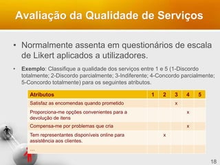 18
Avaliação da Qualidade de Serviços
• Normalmente assenta em questionários de escala
de Likert aplicados a utilizadores.
• Exemplo: Classifique a qualidade dos serviços entre 1 e 5 (1-Discordo
totalmente; 2-Discordo parcialmente; 3-Indiferente; 4-Concordo parcialmente;
5-Concordo totalmente) para os seguintes atributos.
Atributos 1 2 3 4 5
Satisfaz as encomendas quando prometido x
Proporciona-me opções convenientes para a
devolução de itens
x
Compensa-me por problemas que cria x
Tem representantes disponíveis online para
assistência aos clientes.
x
…
 
