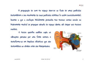 A propagação do som no espaço deve-se ao facto de umas partículas
transmitirem o seu movimento às suas partículas vizinhas (e assim sucessivamente),
levando a que a oscilação inicialmente produzida nas nossas cordas vocais ou
instrumento musical se propague através do espaço aberto, até chegar aos nossos
ouvidos.
                O nosso aparelho auditivo capta as
vibrações geradas por uma fonte sonora e
transforma-as em impulsos eléctricos que são
transmitidos ao cérebro onde são interpretados.



    www.joaoleal.net                   Formador: João José Leal                      3
 