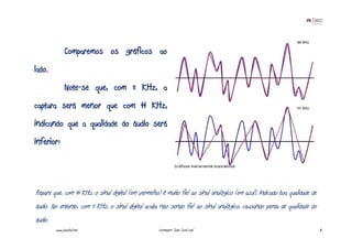 Comparemos os gráficos ao
lado.
               Note-se que, com 11 KHz, a
captura será menor que com 44 KHz,
indicando que a qualidade do áudio será
inferior:




Repare que, com 44 KHz, o sinal digital (em vermelho) é muito fiel ao sinal analógico (em azul), indicado boa qualidade de
áudio. No entanto, com 11 KHz, o sinal digital acaba não sendo fiel ao sinal analógico, causando perda de qualidade do
áudio.
         www.joaoleal.net                            Formador: João José Leal                                                8
 