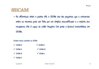 SECAM
– As diferenças entre o padrão PAL e SECAM são tão pequenas que a conversão
   entre os mesmos pode ser feita por um simples descodificador e a maioria dos
   receptores PAL é capaz de exibir imagens (em preto e branco) transmitidas em
   SECAM.


Existem outras variantes do SECAM:

   SECAM-B                           SECAM-K

   SECAM-G                           SECAM-K1

   SECAM-H                           SECAM-L

   SECAM-D

   www.joaoleal.net                            Formador: João José Leal           16
 