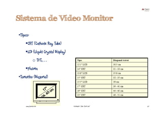 Sistema de Vídeo Monitor

•Tipos:
      CRT (Cathode Ray Tube)
      LCD (Liquid Crystal Display)
              o TFT,…
      Plasma
•Tamanho (Diagonal)




    www.joaoleal.net                 Formador: João José Leal   27
 