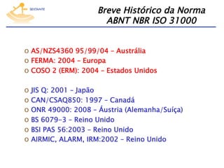 Breve Histórico da Norma  
ABNT NBR ISO 31000
o  AS/NZS4360 95/99/04 – Austrália
o  FERMA: 2004 – Europa
o  COSO 2 (ERM): 2004 – Estados Unidos
o  JIS Q: 2001 – Japão
o  CAN/CSAQ850: 1997 – Canadá
o  ONR 49000: 2008 – Áustria (Alemanha/Suíça)
o  BS 6079-3 – Reino Unido
o  BSI PAS 56:2003 – Reino Unido
o  AIRMIC, ALARM, IRM:2002 – Reino Unido

 