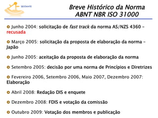 Breve Histórico da Norma  
ABNT NBR ISO 31000
  Junho 2004: solicitação de fast track da norma AS/NZS 4360 –

recusada

  Março 2005: solicitação da proposta de elaboração da norma –

Japão

  Junho 2005: aceitação da proposta de elaboração da norma
  Setembro 2005: decisão por uma norma de Princípios e Diretrizes
  Fevereiro 2006, Setembro 2006, Maio 2007, Dezembro 2007:

Elaboração

  Abril 2008: Redação DIS e enquete
  Dezembro 2008: FDIS e votação da comissão
  Outubro 2009: Votação dos membros e publicação

 