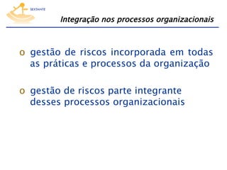 Integração nos processos organizacionais

o  gestão de riscos incorporada em todas
as práticas e processos da organização
o  gestão de riscos parte integrante
desses processos organizacionais

 