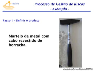 Processo de Gestão de Riscos
- exemplo Passo 1 – Definir o produto

Martelo de metal com
cabo revestido de
borracha.

adaptado deTorben Rahbek/EMARS

 