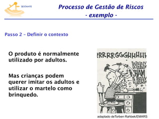 Processo de Gestão de Riscos
- exemplo Passo 2 – Definir o contexto

O produto é normalmente
utilizado por adultos.
Mas crianças podem
querer imitar os adultos e
utilizar o martelo como
brinquedo.

adaptado deTorben Rahbek/EMARS

 