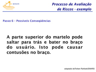 Processo de Avaliação
de Riscos - exemplo
Passo 6 – Possíveis Conseqüências

A parte superior do martelo pode
saltar para trás e bater no braço
do usuário. Isto pode causar
contusões no braço.

adaptado deTorben Rahbek/EMARS

 