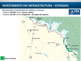 TERRITÓRIO ITAPARICA
INVESTIMENTO EM INFRAESTRUTURA – ESTRADAS
Obras concluídas
Manutenção e implantação de rodovias e acessos
• Rodovia: BA 040 trecho: Acesso a Glória
• Rodovia: BA 210 trecho: Xingozinho – Barragem de Itaparica
 