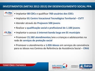 TERRITÓRIO ITAPARICA
INVESTIMENTOS (METAS 2012-2015) EM DESENVOLVIMENTO SOCIAL PPA
• Implantar 08 CDCs e qualificar 760 usuários dos CDCs
• Implantar 01 Centro Vocacional Tecnológico Territorial – CVTT
• Atender através do Projovem 500 jovens
• Realizar a qualificação social e profissional de 1.100 jovens
• Implantar o acesso à internet banda larga em 01 município
• Promover 21.582 atendimentos/ano a crianças e adolescentes na
rede de serviços de proteção social
• Promover o atendimento a 1.026 idosos em serviços de convivência
para os idosos nos Centros de Referência de Assistência Social – CRAS
 