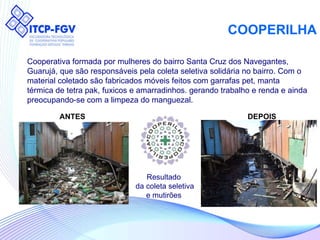 COOPERILHA Resultado da coleta seletiva e mutirões Cooperativa formada por mulheres do bairro Santa Cruz dos Navegantes, Guarujá, que são responsáveis pela coleta seletiva solidária no bairro. Com o material coletado são fabricados móveis feitos com garrafas pet, manta térmica de tetra pak, fuxicos e amarradinhos. gerando trabalho e renda e ainda preocupando-se com a limpeza do manguezal. ANTES DEPOIS 