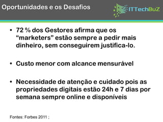 Fontes: Forbes 2011 ;
Oportunidades e os
Desafios
72%
28%
Gestores
72 % dos Gestores afirma que os
“marketers” estão sempre a pedir
mais dinheiro, sem conseguirem
justifica-lo.
Custo menor com alcance
mensurável
Necessidade de atenção e cuidado
pois as propriedades digitais estão
24h e 7 dias por semana sempre
online e disponíveis
 
