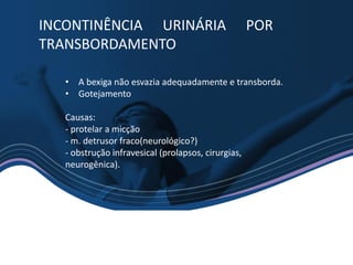 INCONTINÊNCIA URINÁRIA POR
TRANSBORDAMENTO
• A bexiga não esvazia adequadamente e transborda.
• Gotejamento
Causas:
- protelar a micção
- m. detrusor fraco(neurológico?)
- obstrução infravesical (prolapsos, cirurgias,
neurogênica).
 