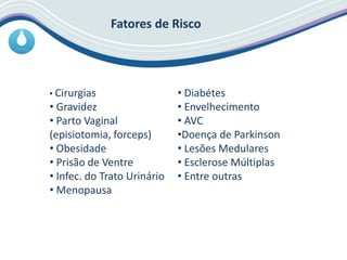 Fatores de Risco
• Cirurgias
• Gravidez
• Parto Vaginal
(episiotomia, forceps)
• Obesidade
• Prisão de Ventre
• Infec. do Trato Urinário
• Menopausa
• Diabétes
• Envelhecimento
• AVC
•Doença de Parkinson
• Lesões Medulares
• Esclerose Múltiplas
• Entre outras
 