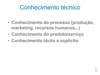 Conhecimento técnico
• Conhecimento do processo (produção,
marketing, recursos humanos,..)
• Conhecimento do produto/serviço
• Conhecimento tácito e explícito
 