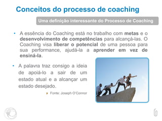 • A essência do Coaching está no trabalho com metas e o
desenvolvimento de competências para alcançá-las. O
Coaching visa liberar o potencial de uma pessoa para
sua performance, ajudá-la a aprender em vez de
ensiná-la.
• A palavra traz consigo a ideia
de apoiá-lo a sair de um
estado atual e a alcançar um
estado desejado.
Fonte: Joseph O’Connor
Uma definição interessante do Processo de Coaching
Conceitos do processo de coaching
 