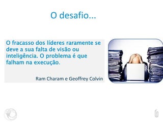 O desafio...
O fracasso dos líderes raramente se
deve a sua falta de visão ou
inteligência. O problema é que
falham na execução.
Ram Charam e Geoffrey Colvin
 