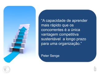 “A capacidade de aprender
mais rápido que os
concorrentes é a única
vantagem competitiva
sustentável a longo prazo
para uma organização.”
Peter Senge
 