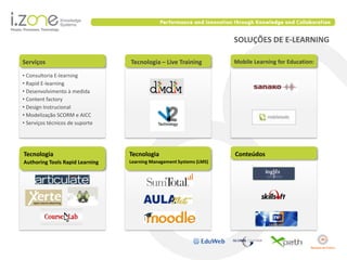 SOLUÇÕES DE E-LEARNING

Serviços                         Tecnologia – Live Training          Mobile Learning for Education:

• Consultoria E-learning
• Rapid E-learning
• Desenvolvimento à medida
• Content factory
• Design Instrucional
• Modelização SCORM e AICC
• Serviços técnicos de suporte




Tecnologia                       Tecnologia                          Conteúdos
Authoring Tools Rapid Learning   Learning Management Systems (LMS)
 